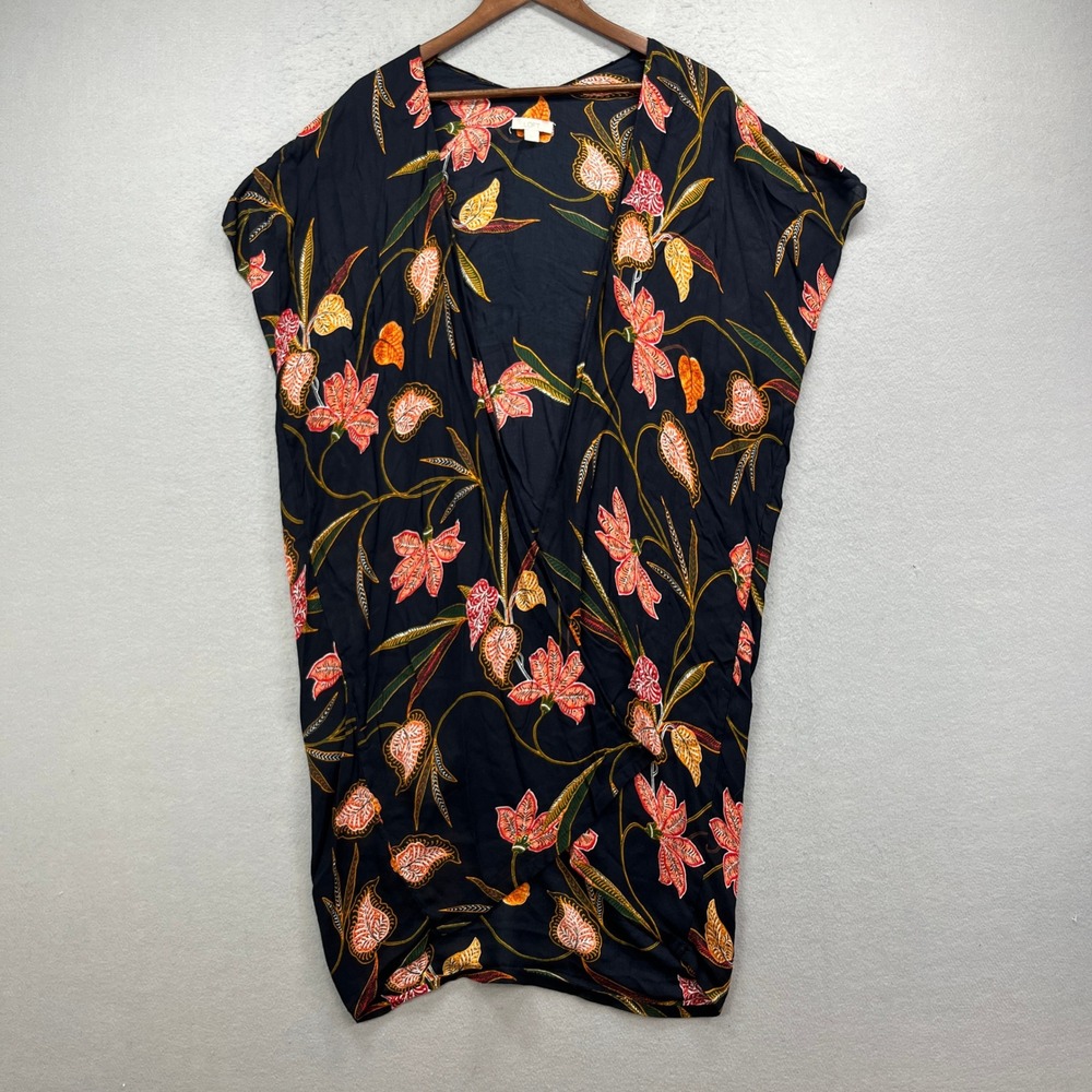 LOFT Kimono Wrap Top Womens XS/S Black Floral Open Front Draped Beach Boho